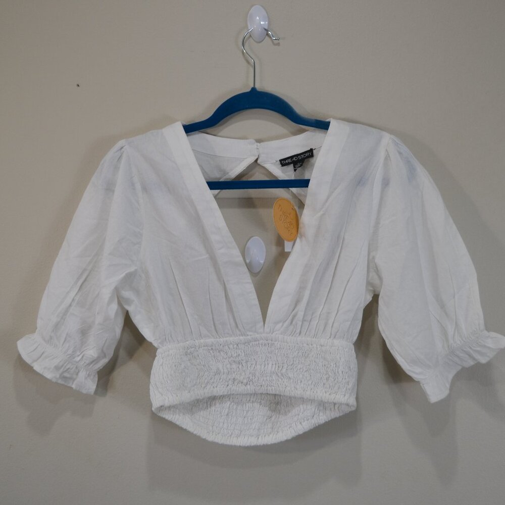 Thread Story Women L Short Puff Ruffle Sleeve Elastic Waist Deep V Neck Crop Top